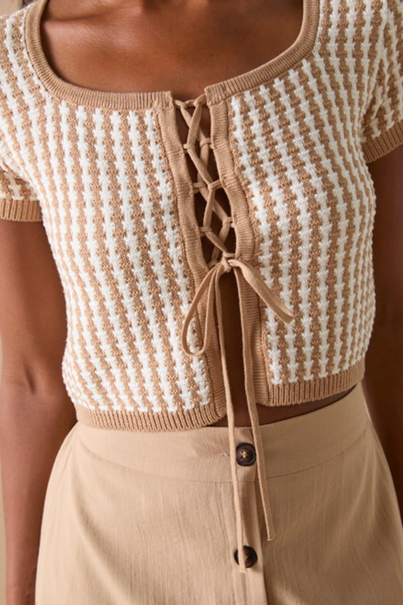 Layla Rib Pattern Tie Front Cropped Sweater Top