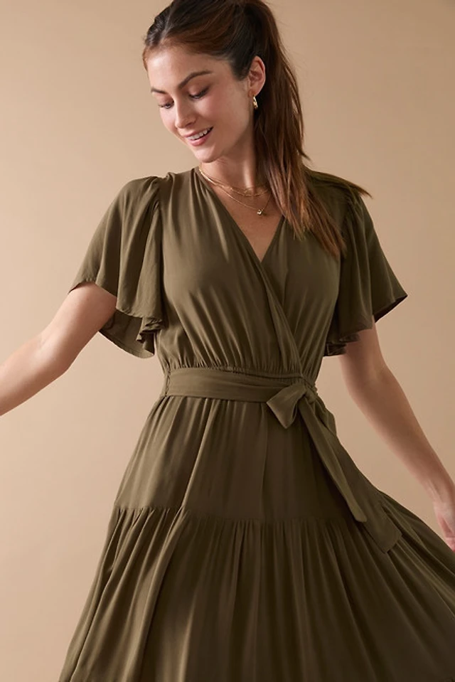 knee length dresses for ladies Flutter-sleeve Midi Wrap Dress main image 0