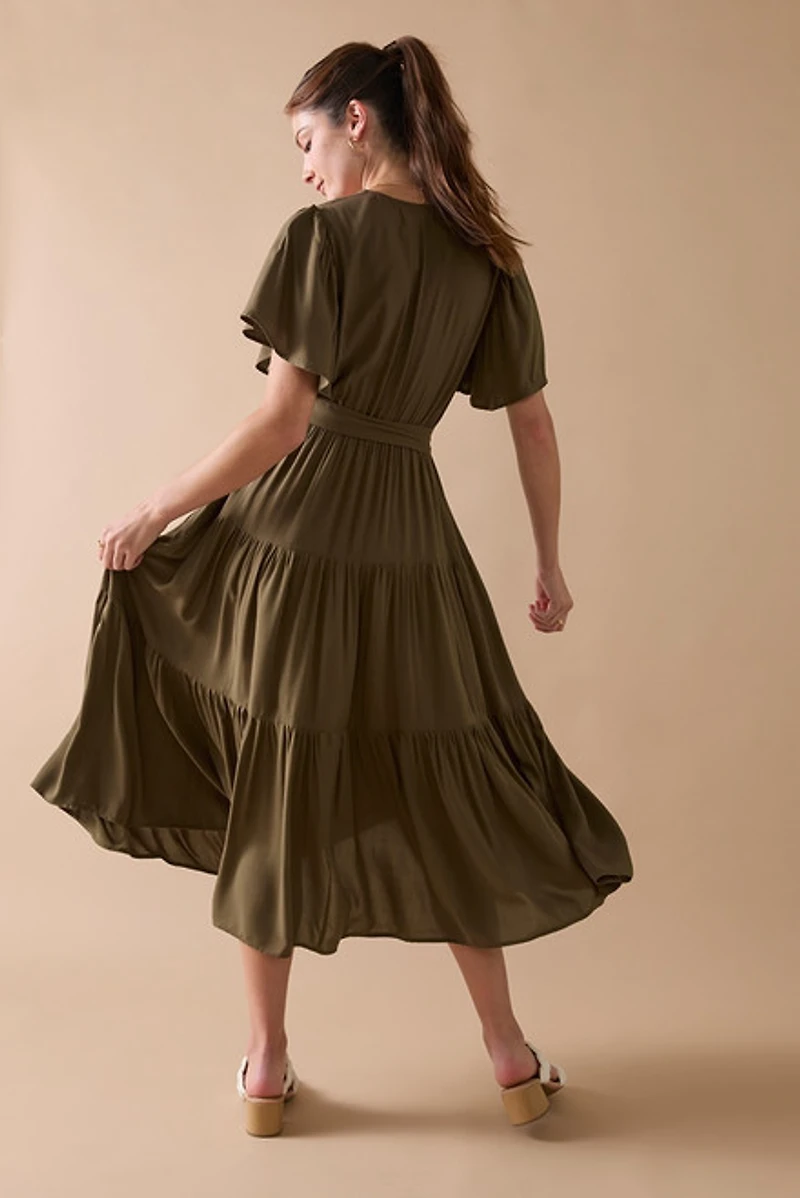 Norra Flutter Sleeve Midi Wrap Dress