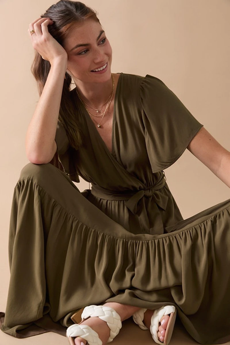 Norra Flutter Sleeve Midi Wrap Dress