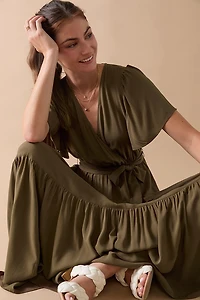 Norra Flutter Sleeve Midi Wrap Dress