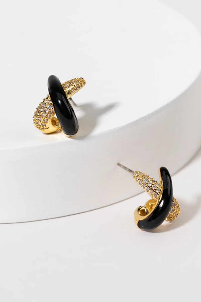 Adrienne Crystal And Black Enamel Cross Huggie Earrings