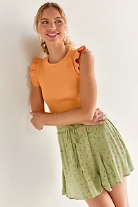Lessie Rib Knit Flutter Sleeve Crewneck Top