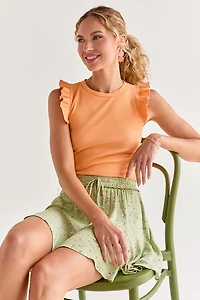 Lessie Rib Knit Flutter Sleeve Crewneck Top