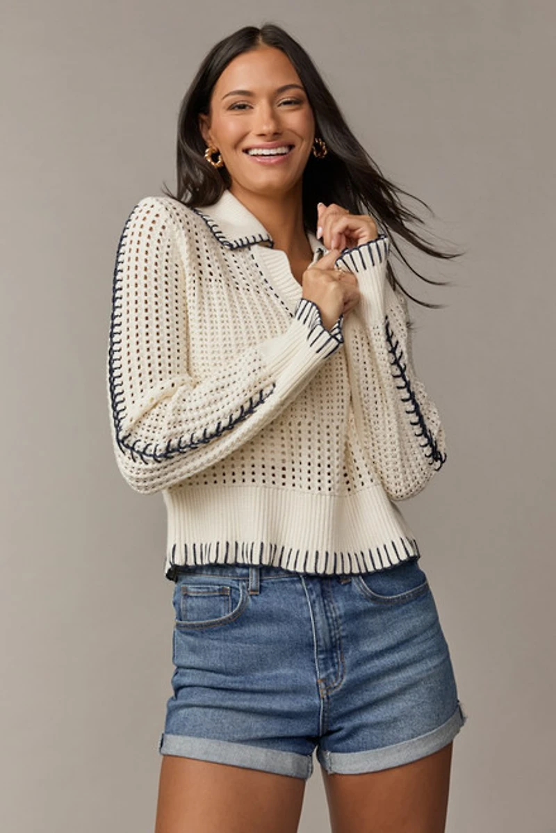 Barbara Crochet Stich Collared Pullover