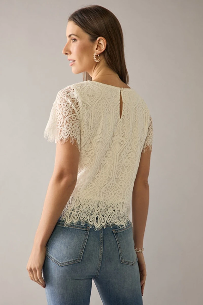 Clara Crewneck Short Sleeve Lace Blouse Top