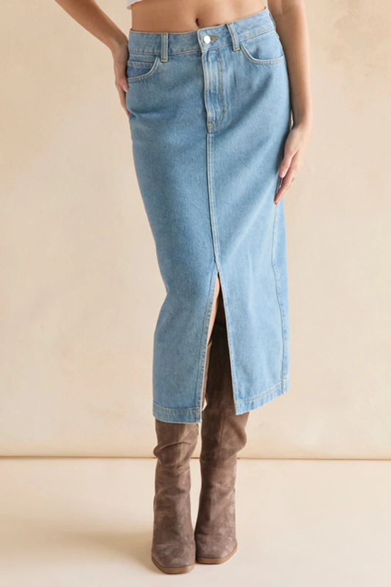 Sylvia Denim Front Slit Midi Skirt