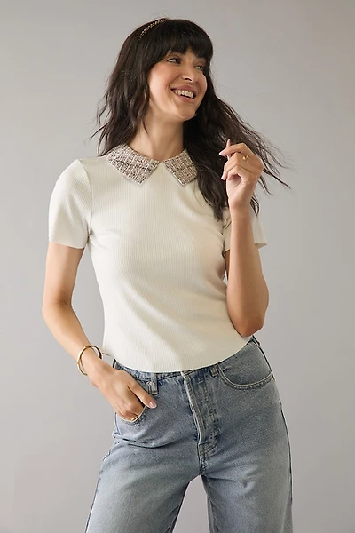 Doris Rib Knit Tweed Collar Short Sleeve Top