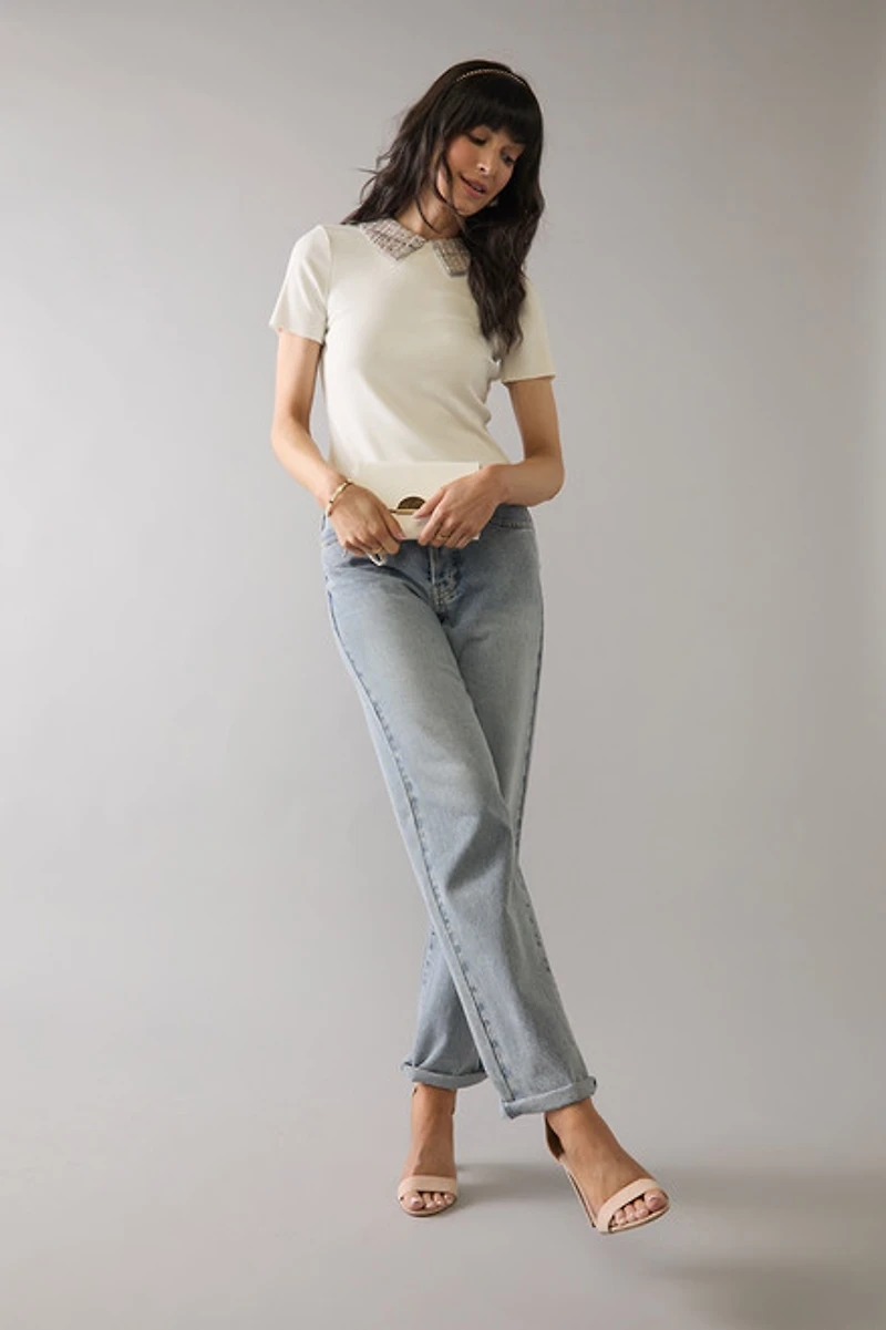 Doris Rib Knit Tweed Collar Short Sleeve Top
