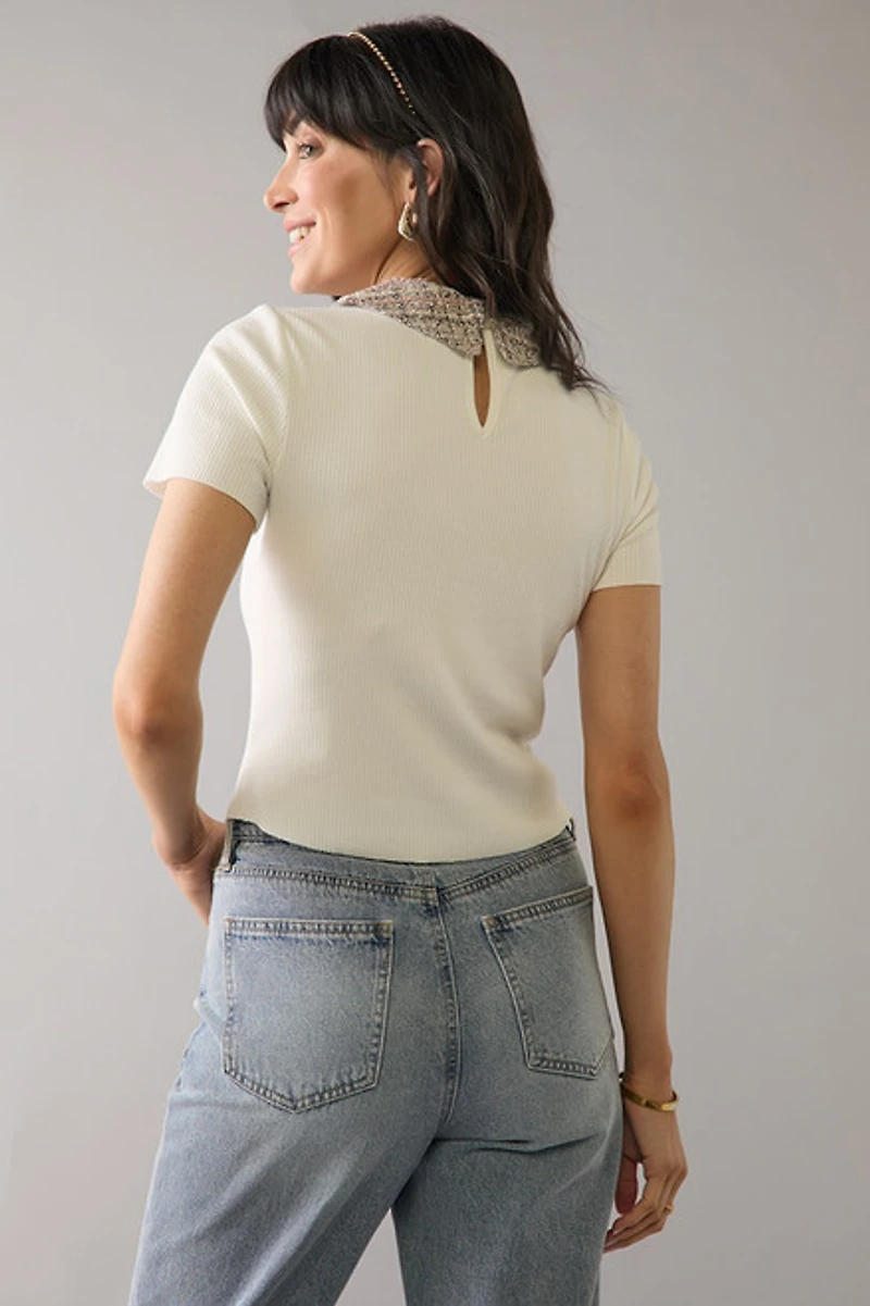 Doris Rib Knit Tweed Collar Short Sleeve Top
