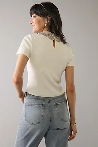 Doris Rib Knit Tweed Collar Short Sleeve Top