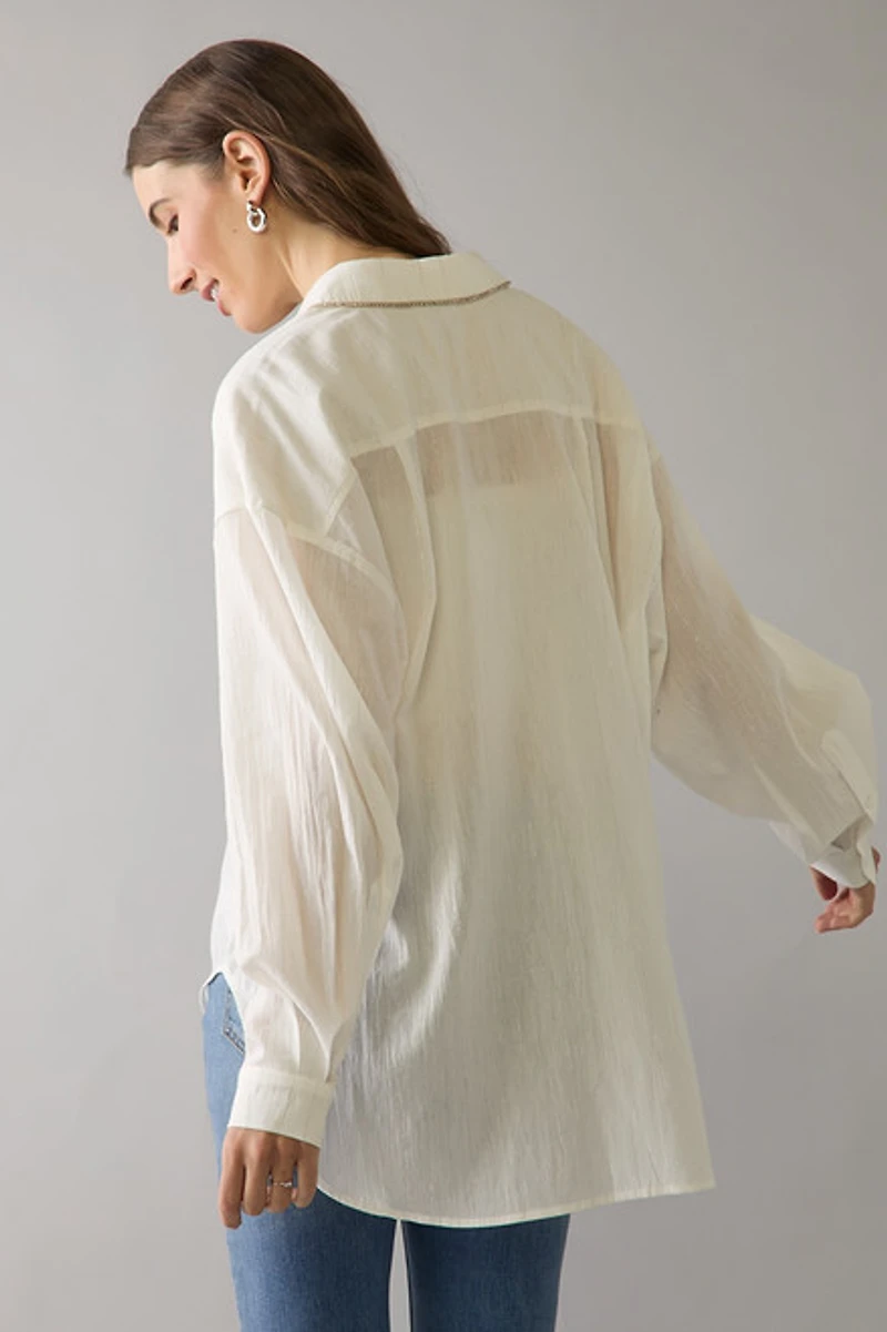 Diana Collar Embellished Woven Button Down Top
