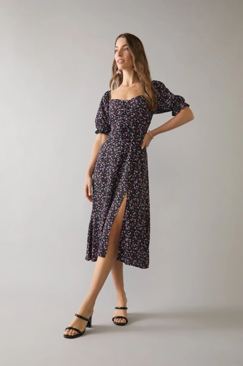 Alberta Floral Lace Up Sweetheart Neck Midi Dress