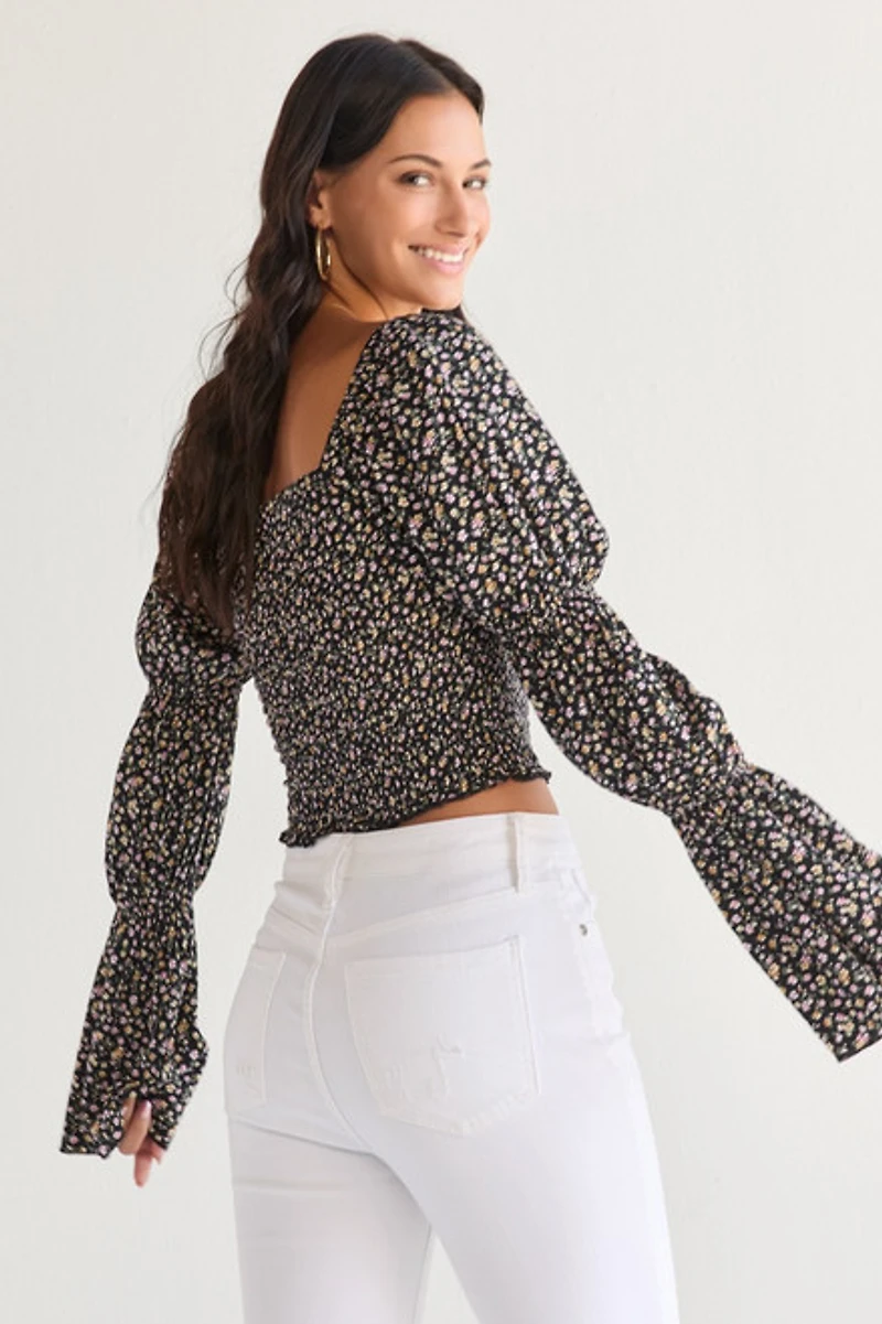 Mable Floral Smocked Long Juliet Sleeve Blouse