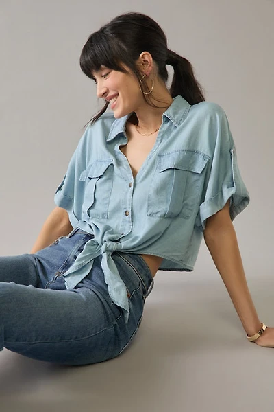 Yelena Utility Pocket Tie Front Button Down Top