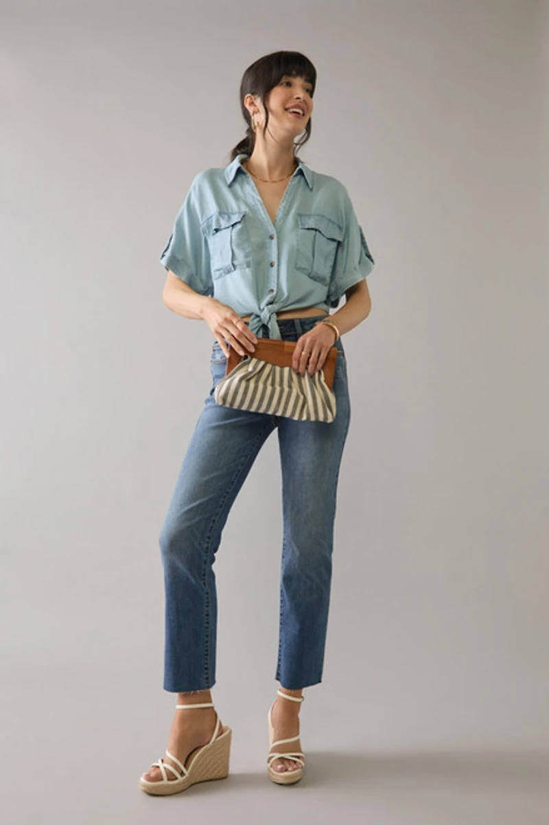Yelena Utility Pocket Tie Front Button Down Top