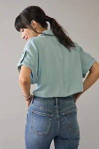 Yelena Utility Pocket Tie Front Button Down Top