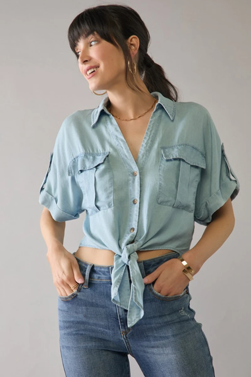Yelena Utility Pocket Tie Front Button Down Top