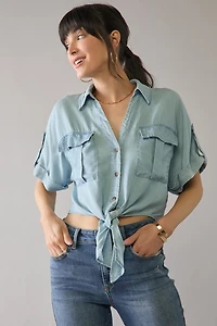 Yelena Utility Pocket Tie Front Button Down Top