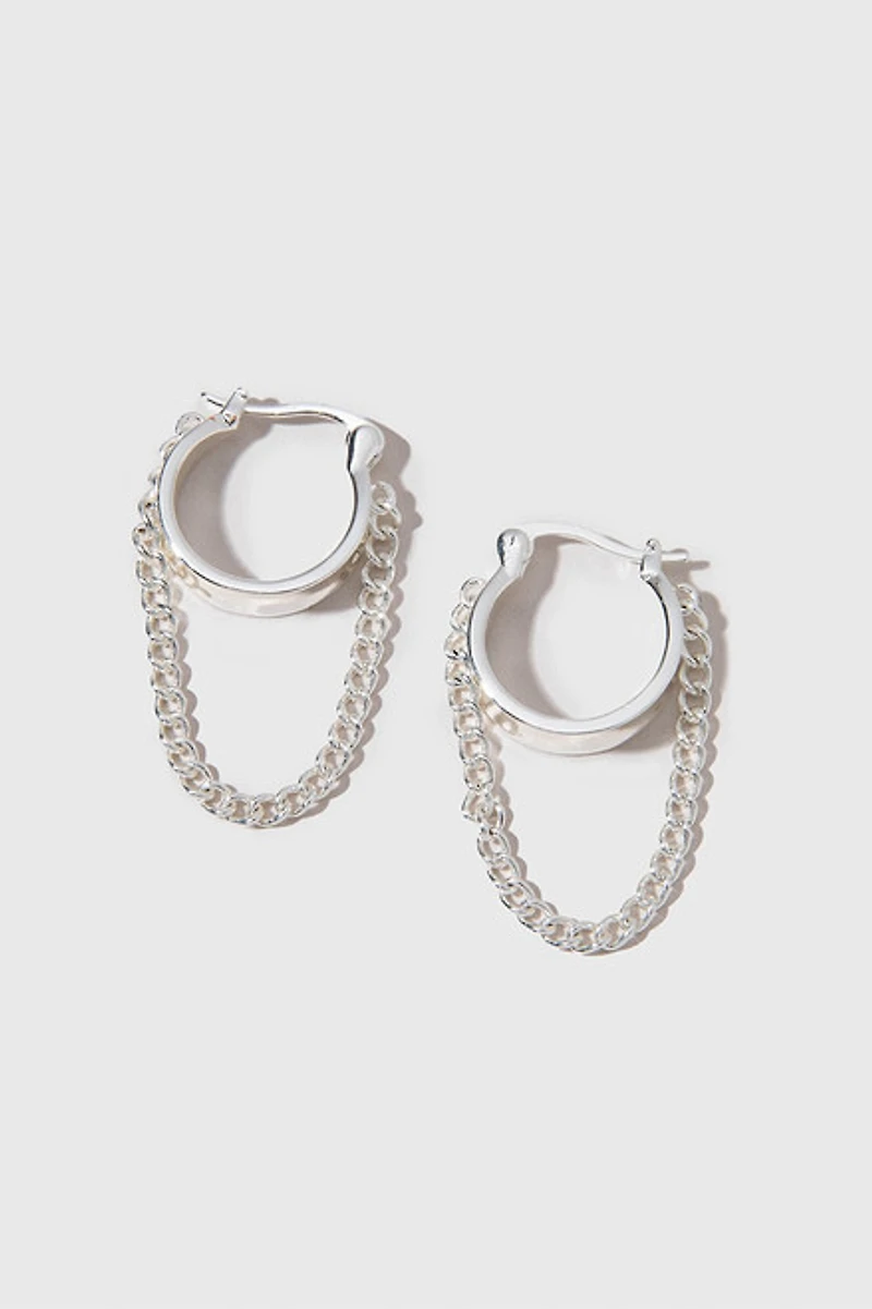 Rosario Loose Chain Hoop On Thick Huggie Silver Earrings