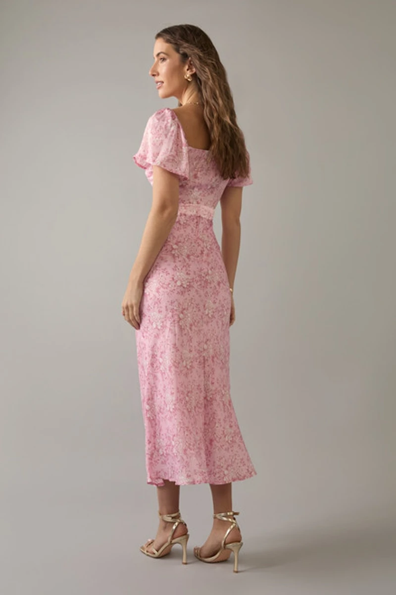 Maria Bow Tie Front Silky Floral Midi Dress