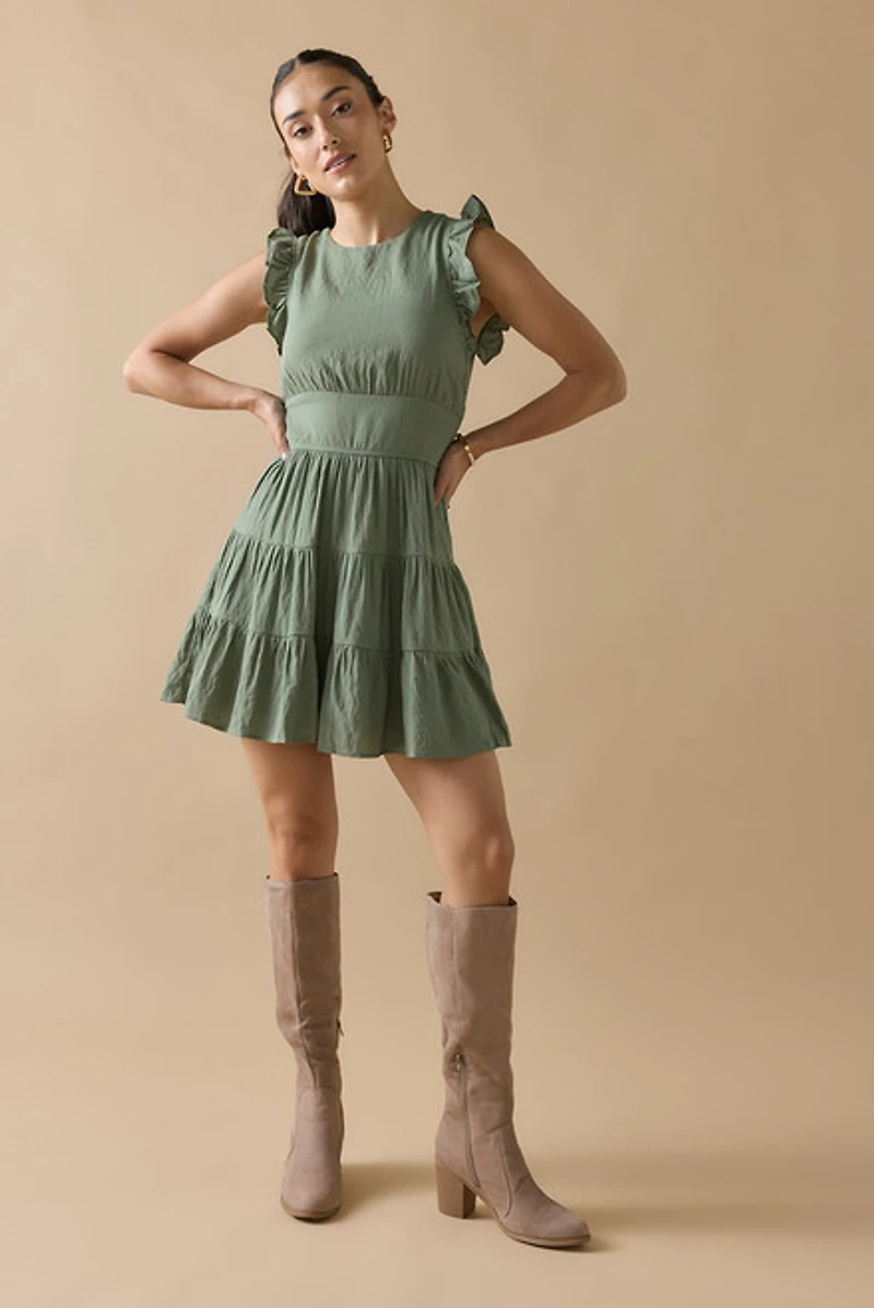 Eleanor High Neck Flutter Sleeve Mini Dress