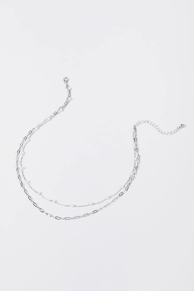 Melissa Layered Chain Link And Pearl Station Silver Necklace