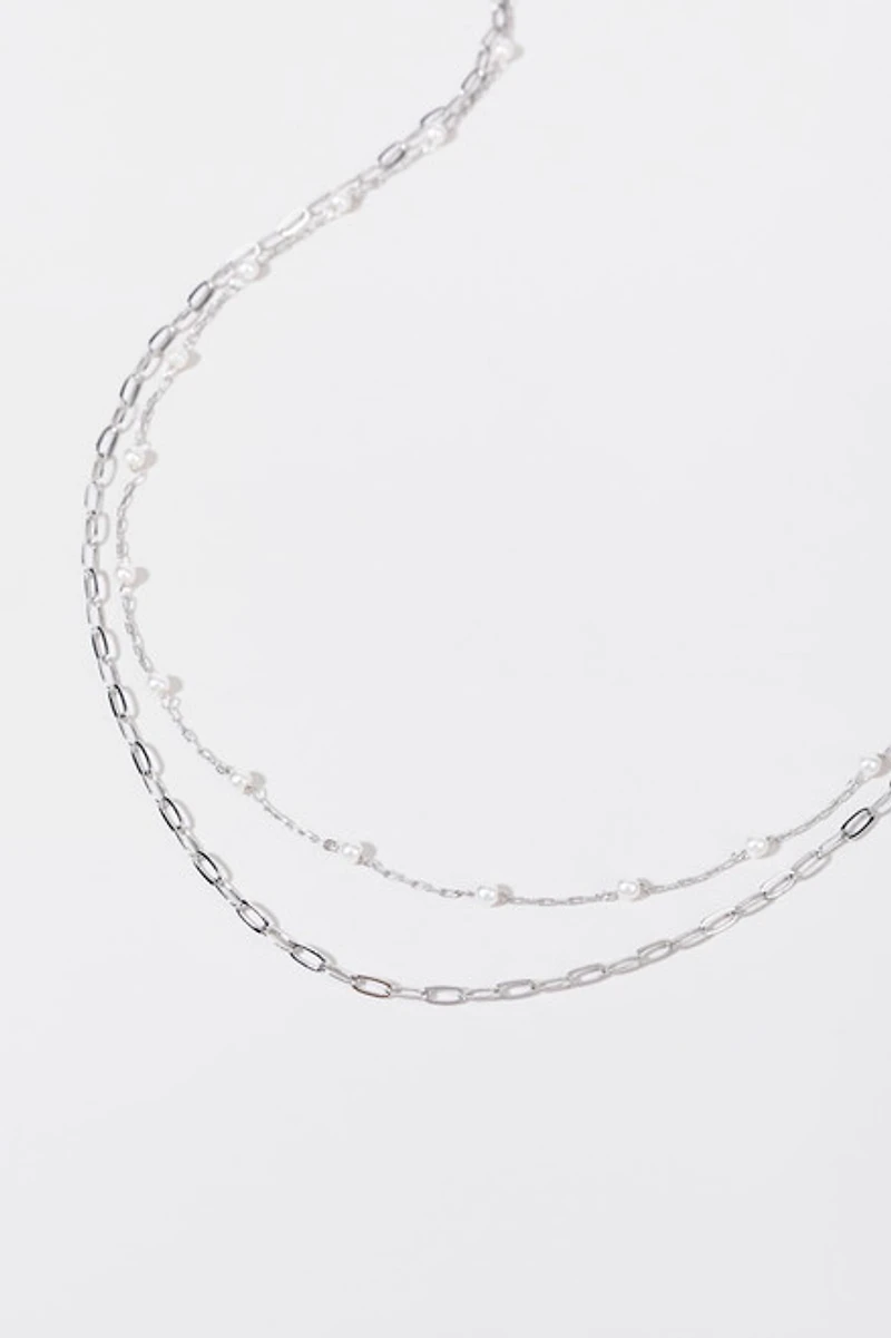 Melissa Layered Chain Link And Pearl Station Silver Necklace