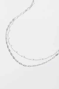 Melissa Layered Chain Link And Pearl Station Silver Necklace