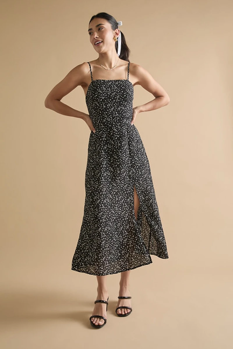 Michelle Side Slit Heart Print Strappy Midi Dress