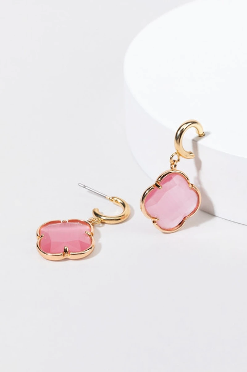 Jeanne Cat Eye Clover Charm On Huggie Hoop Earrings