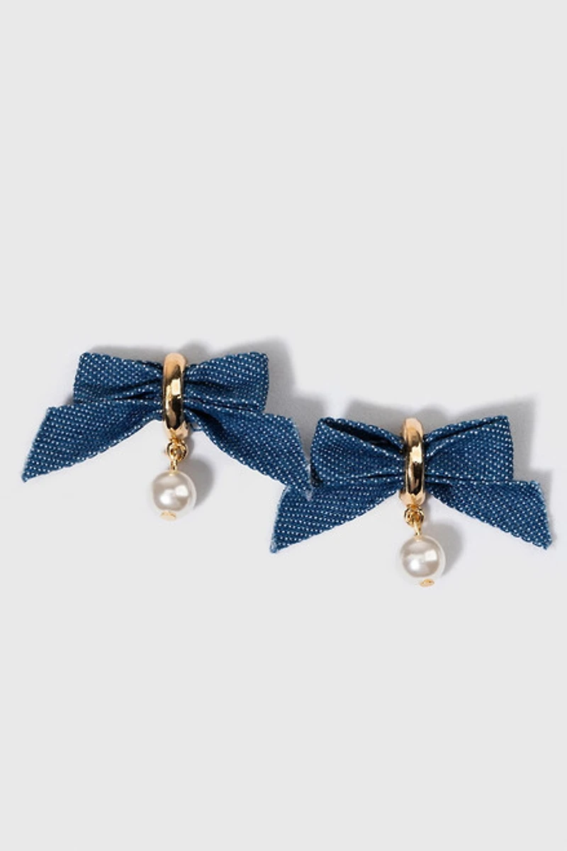Trina Denim Bow With Pearl Drop Earrings