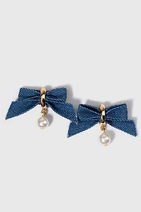 Trina Denim Bow With Pearl Drop Earrings