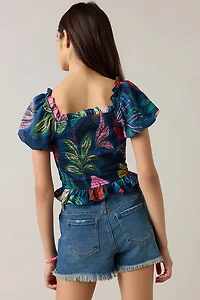 Hello Franki Puff Sleeve Tropical Print Smocked Blouse for girls