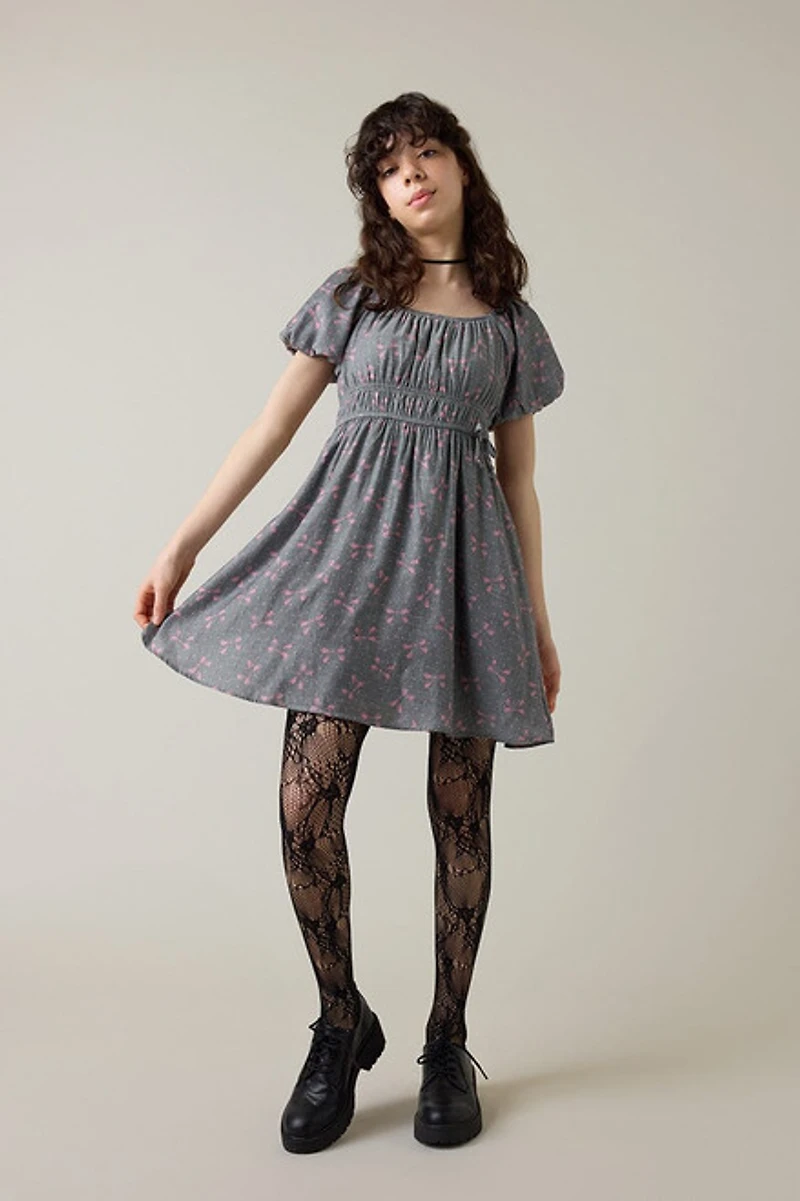 Hello Franki Puff Sleeve Bow Print Peasant Dress for girls