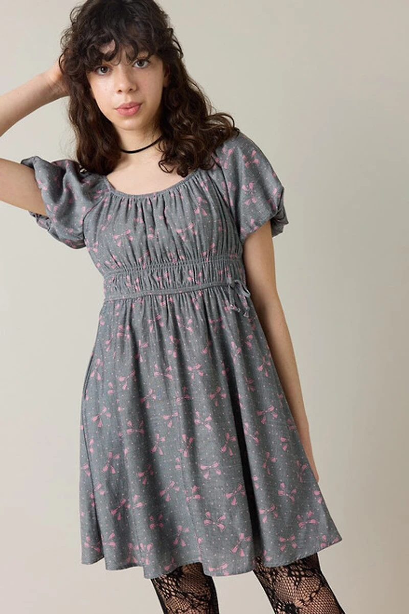 Hello Franki Puff Sleeve Bow Print Peasant Dress for girls
