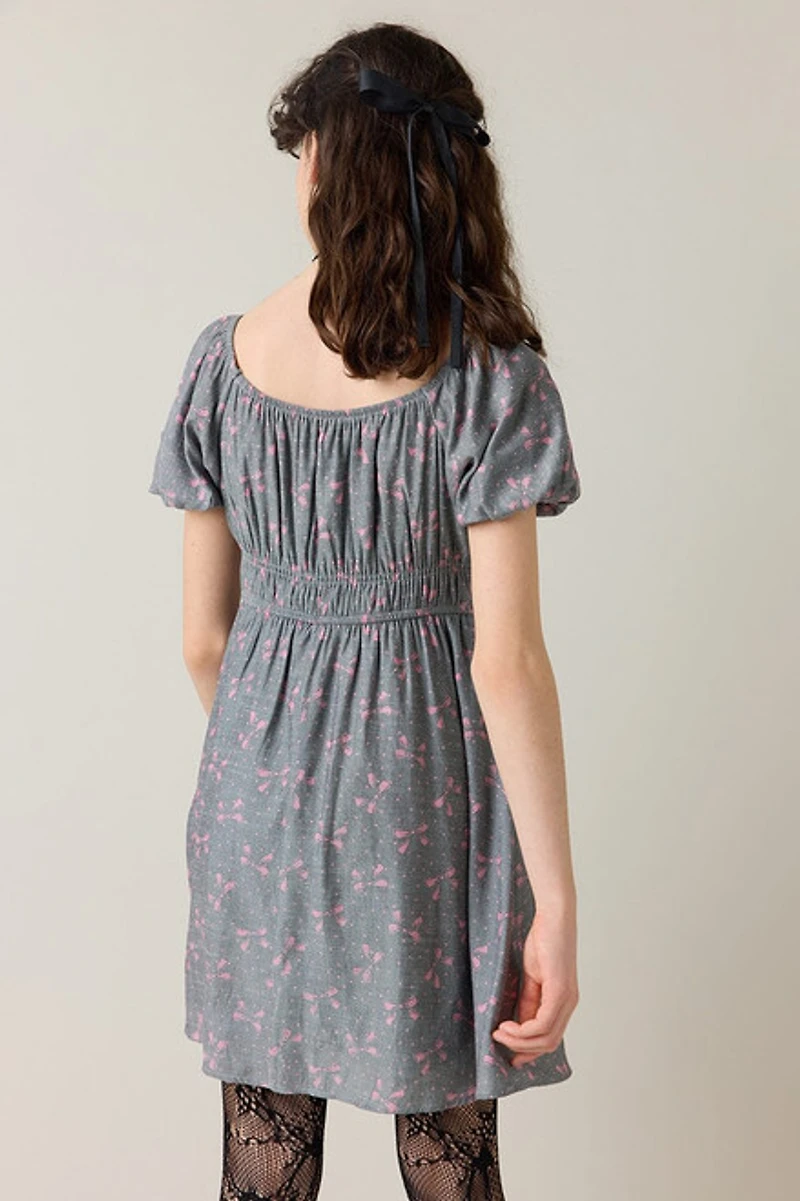 Hello Franki Puff Sleeve Bow Print Peasant Dress for girls