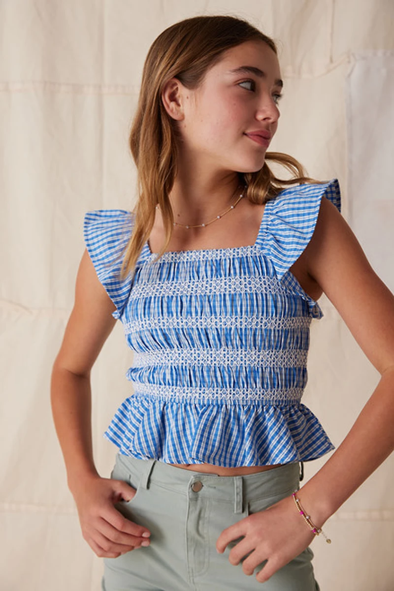 Hello Franki Flutter Sleeve Smocked Gingham Blouse for girls