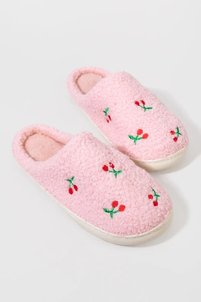 Anne Fuzzy Cherry Embroidered Slippers