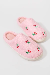Anne Fuzzy Cherry Embroidered Slippers