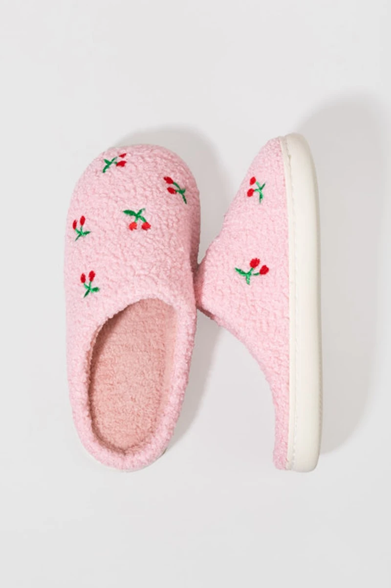 Anne Fuzzy Cherry Embroidered Slippers