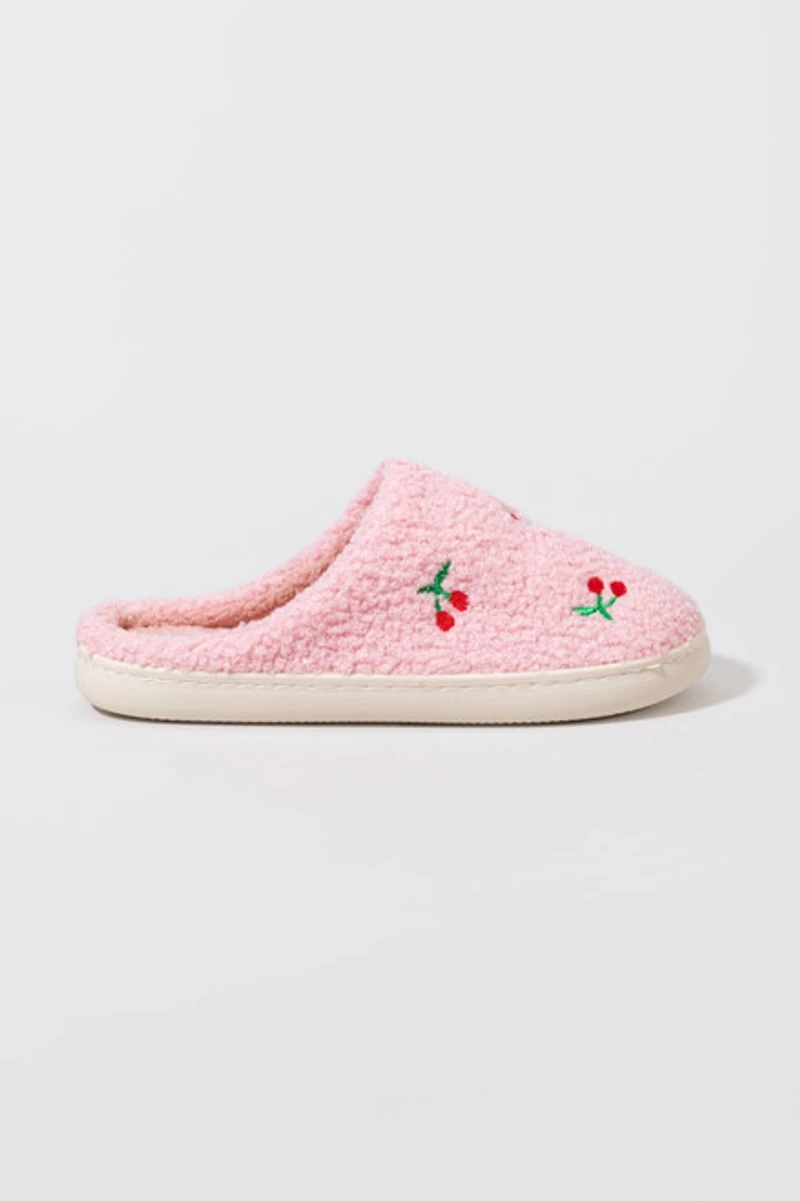 Anne Fuzzy Cherry Embroidered Slippers