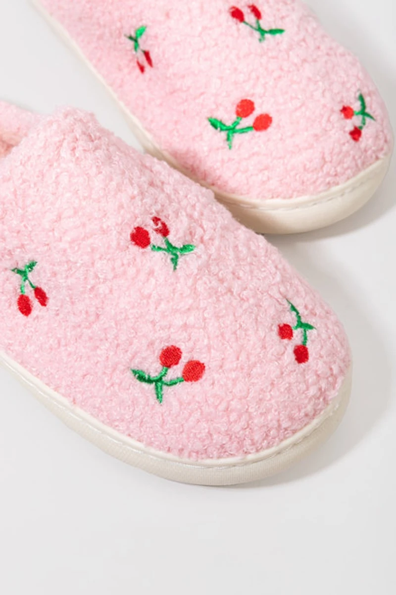 Anne Fuzzy Cherry Embroidered Slippers