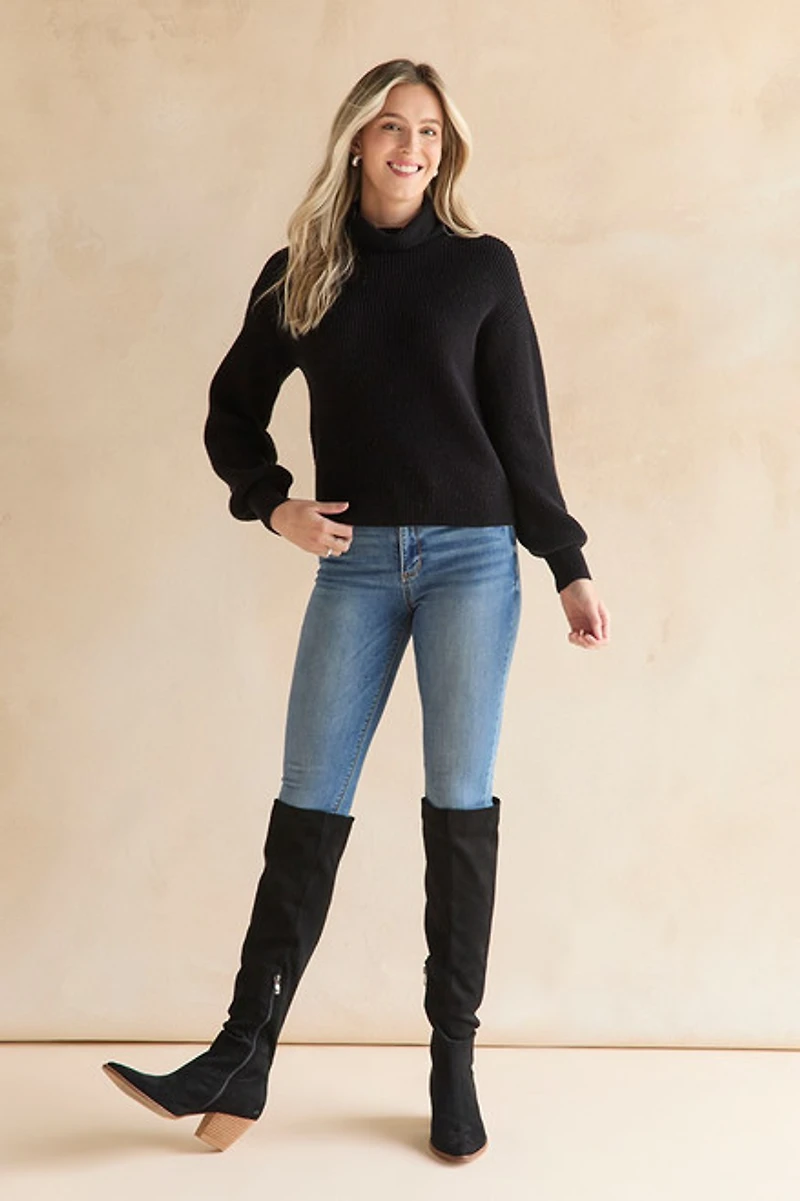 Elaine Balloon Sleeve Turtleneck Rib Knit Pullover
