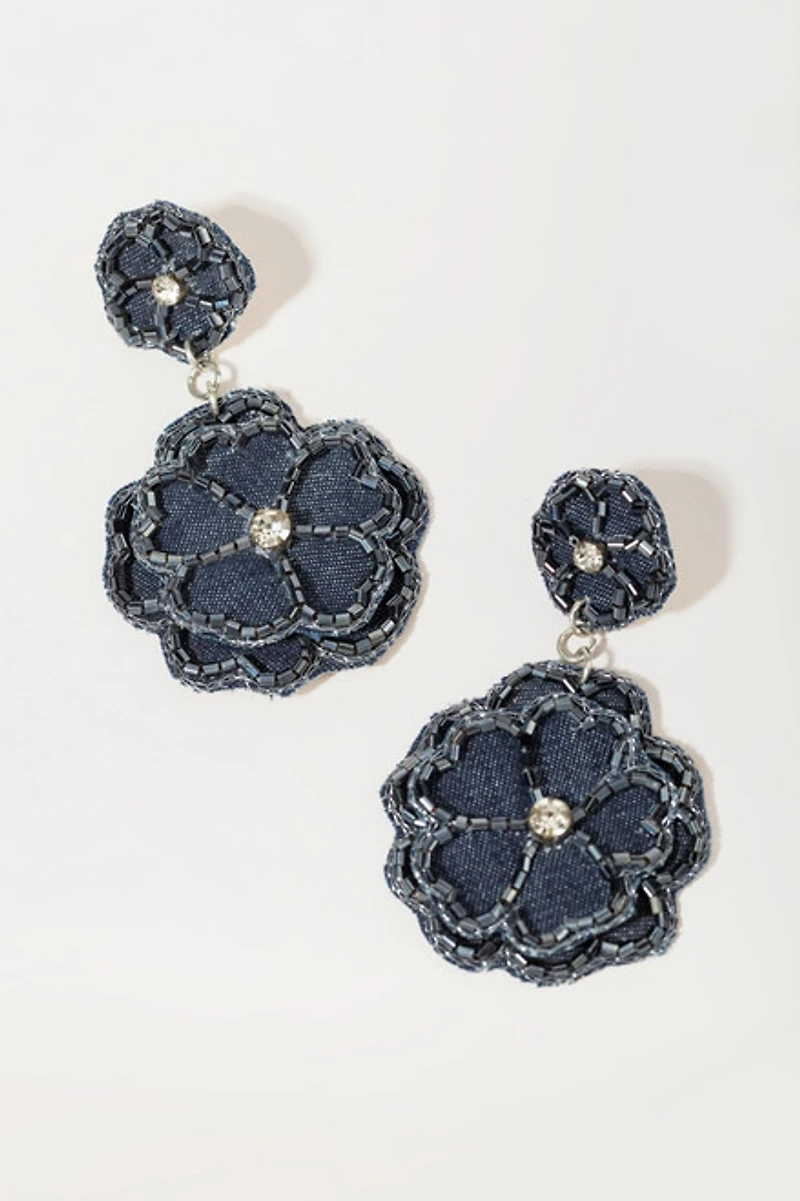 Pamela Denim Flower Drop Earrings