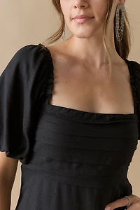 Sarah Pleated Puff Sleeve Midi Dress