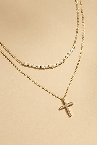 Vivian Bead Station Layered Cross Pendant Necklace