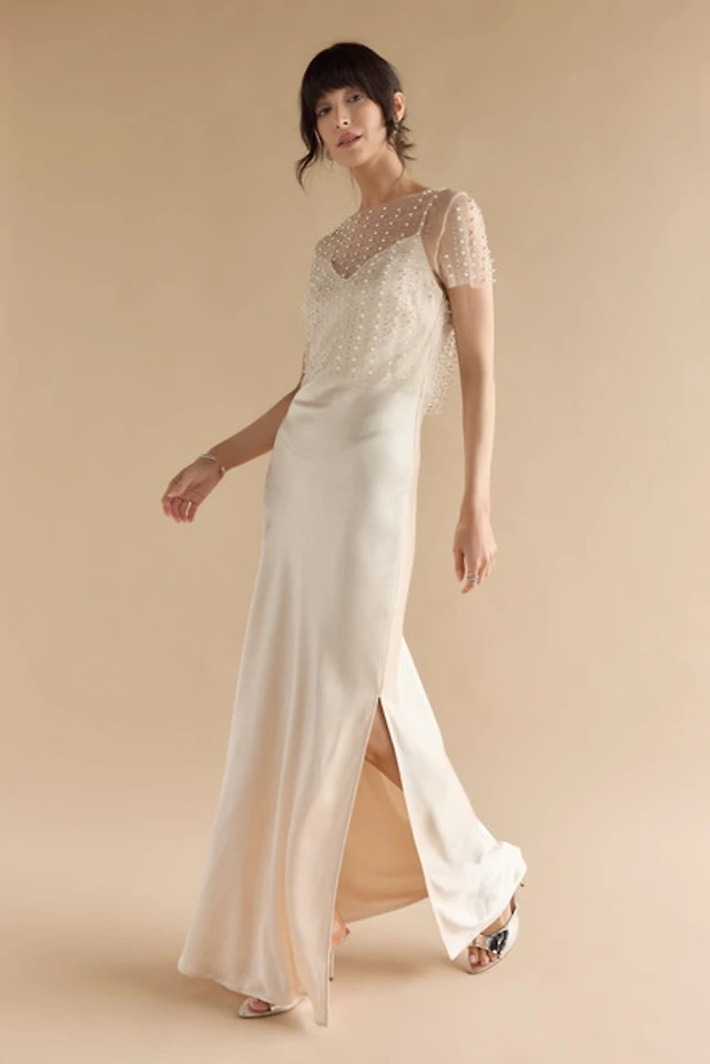 formal dress with sheer overlay Champagne Beaded Mesh Gown with Sheer Cape Overlay – Luxe Evening Dress