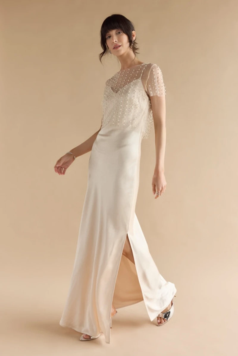 Jaiden Pearl Sheer Overlay Satin Dress