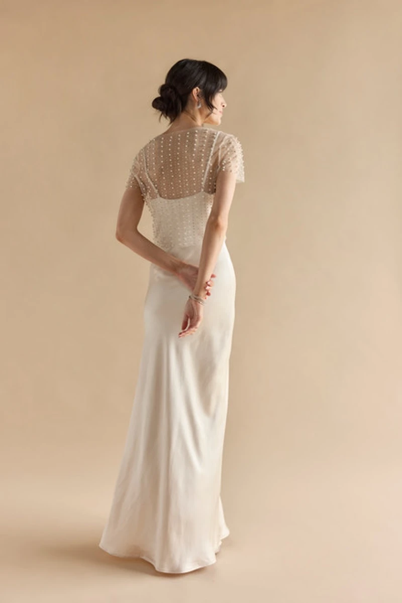 Jaiden Pearl Sheer Overlay Satin Dress